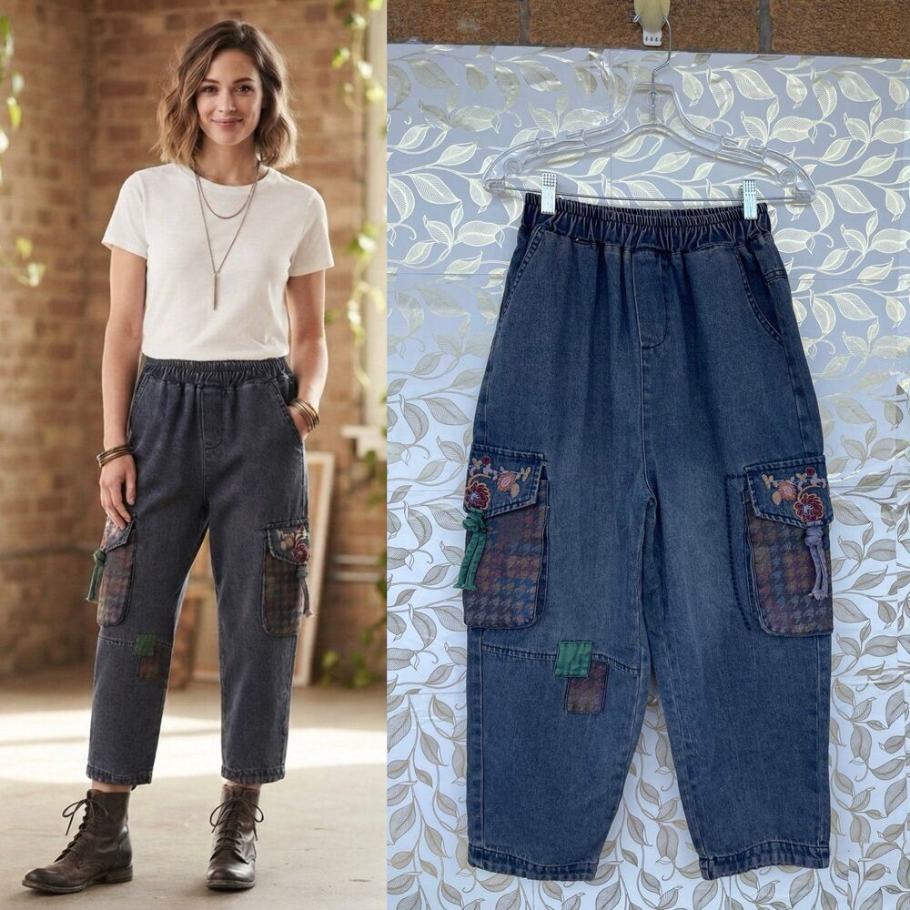Retro Floral Embroidered Denim Cargo Jeans Antique Purplish Wash Small